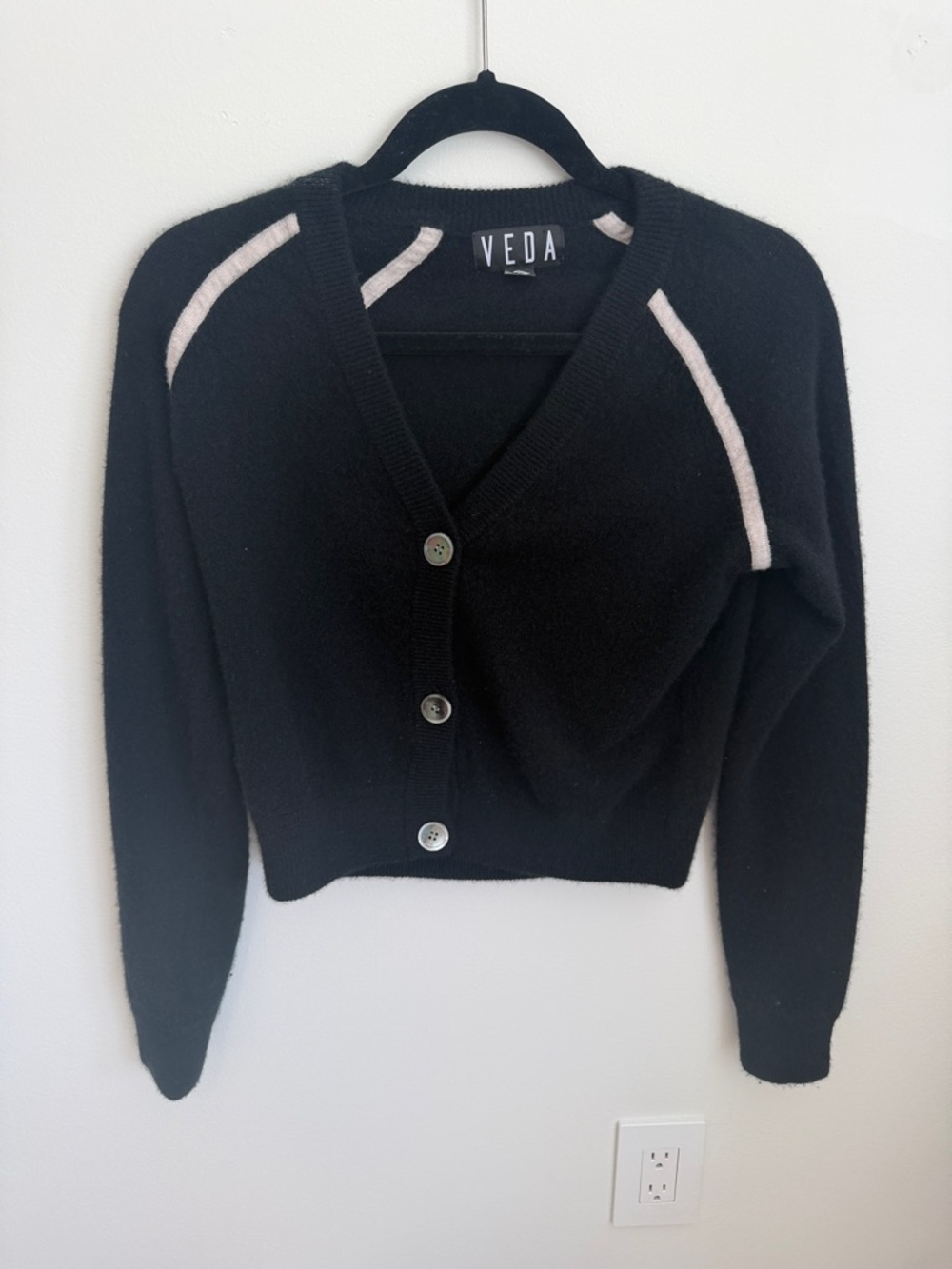 Veda Black Cropped V-Neck Button Cardigan with Cream Shoulder Stripes